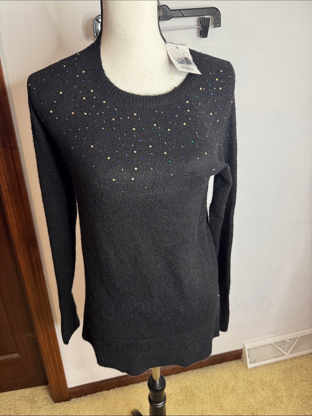 Women's Black Long-Sleeve Sweater with Iridescent Stud Detail Size M